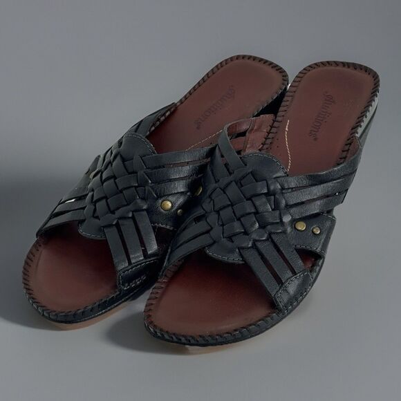 Auditions Shoes - Auditions Black Leather Woven Strappy Cushioned Comfort Slip On Sandals Sz 9S
